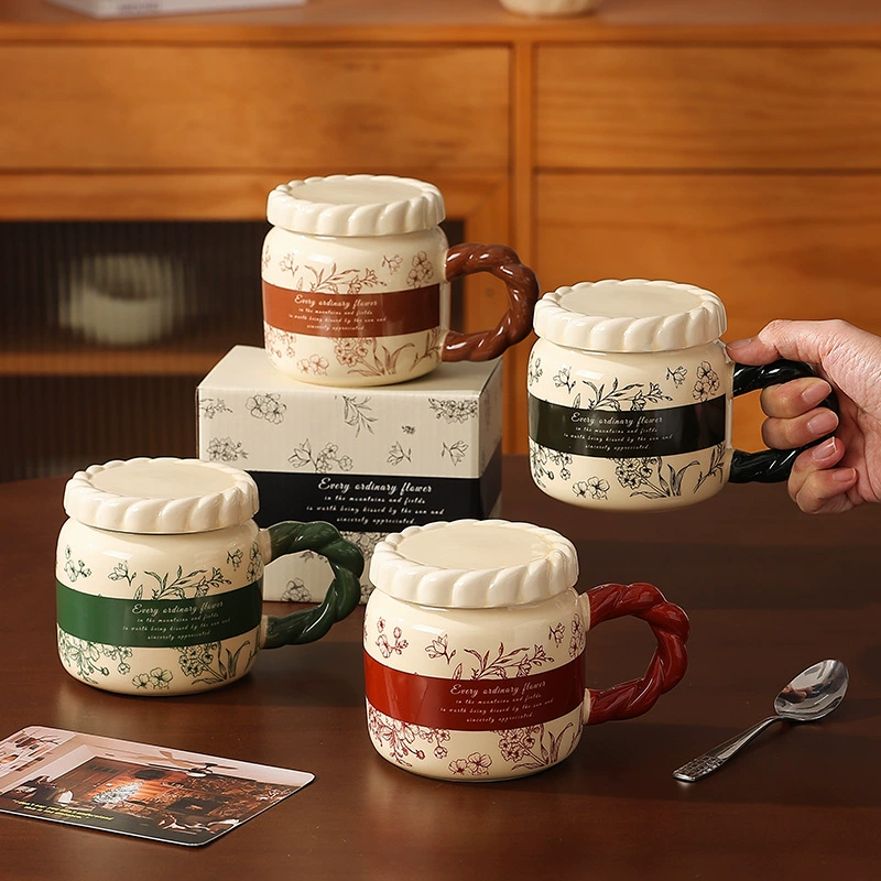 法式复古杯子女生办公室马克杯感轻奢陶瓷杯带盖咖啡杯情侣杯