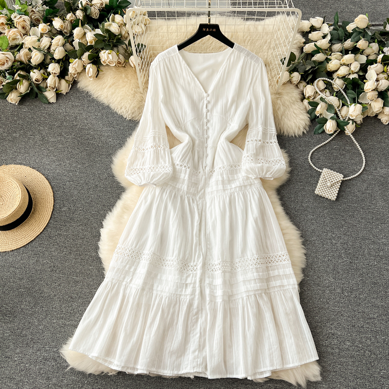 Bohemian holiday style skirt design hollow puff sleeve breasted slim mid-length temperament dress women