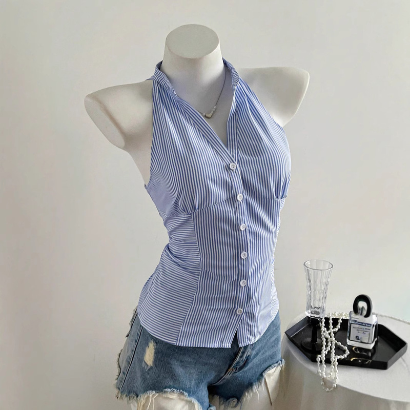 French-Style Waist-Cinching, Shoulder-Slimming Striped Sleeveless Shirt for Women, Summer Slim-Fit Design, Niche Short Halter Neck Chiffon Top French-Style Waist-Cinching, Shoulder-Slimming Striped Sleeveless Shirt for Women, Summer Slim-Fit Design, Niche Short Halter Neck Chiffon Top