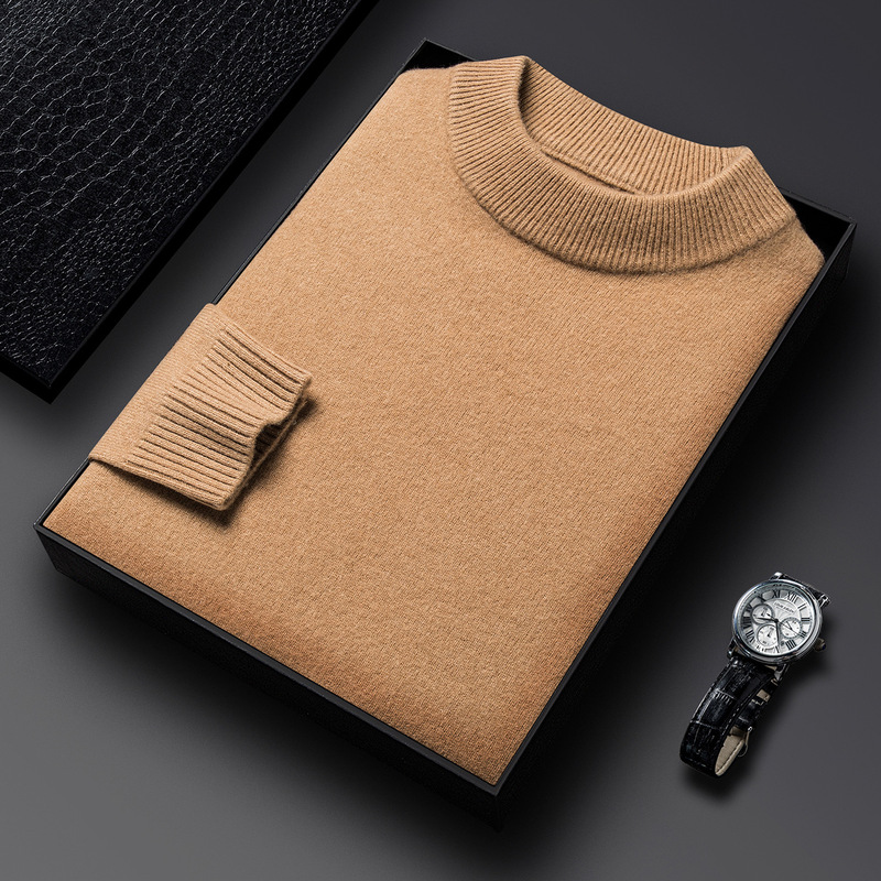 Men's Wool Sweater with Half Turtleneck, Thickeneded Inner Layering Shirt, Middle-Aged and Elderly Autumn and Winter Warm 100 Pure Wool Thick Wool Sweater