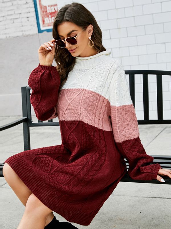Amazon popular Otoño e Invierno casual suelta cuello redondo suéter largo perezoso estilo contraste color manga larga suéter de punto vestido