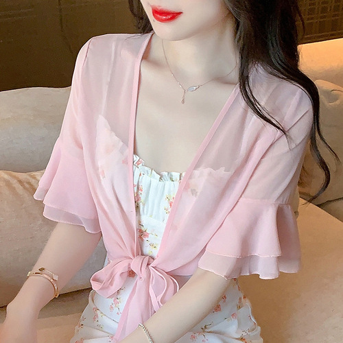 2024 summer thin small shawl short coat women's sun protection clothing versatile short small waistcoat chiffon cardigan air-conditioning shirt