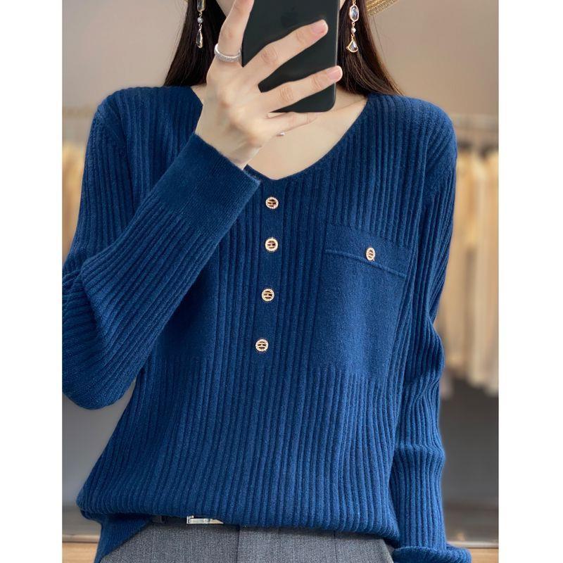 【 Cashmere Family】 Maglione con cappuccio e scollo a V, stile corto, temperamento sciolto, maglione di base in lana, maniche lunghe da donna_voghion.com