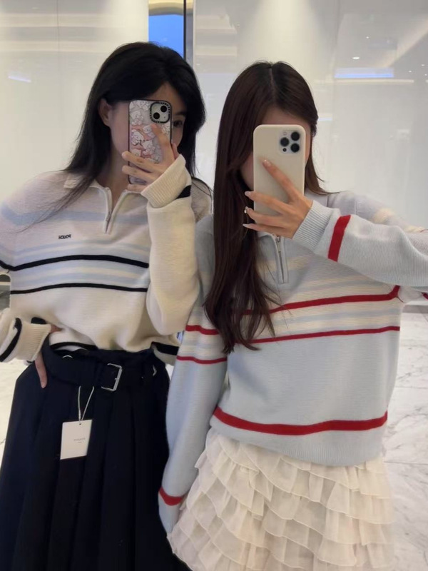 韩系条纹撞色针织衫秋冬新款女装宽松polo领套头毛衣时尚百搭上衣|undefined