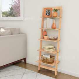 跨境木制5层梯子架客厅梯形靠墙置物架木制窄倾斜书架落地储物架