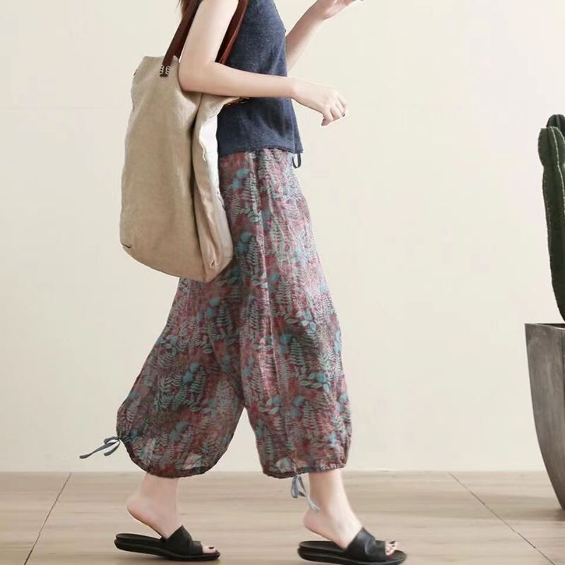 60 fine ramie artistic retro cropped pants loose all-match printed elastic belt lined culottes