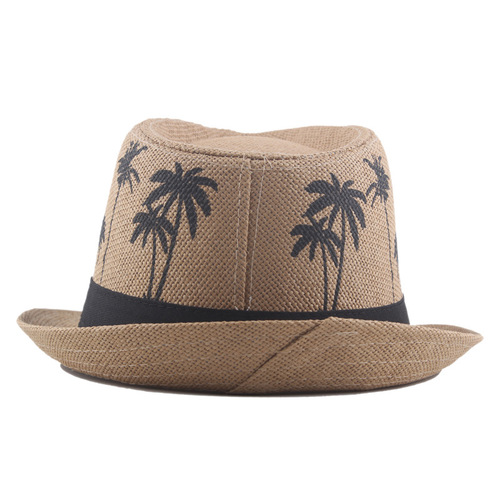 Men's Jazz Hat Palm Print Coconut Tree Pattern Roller Brim Straw Hat Summer Vacation Couple Beach Hat Sun Hat