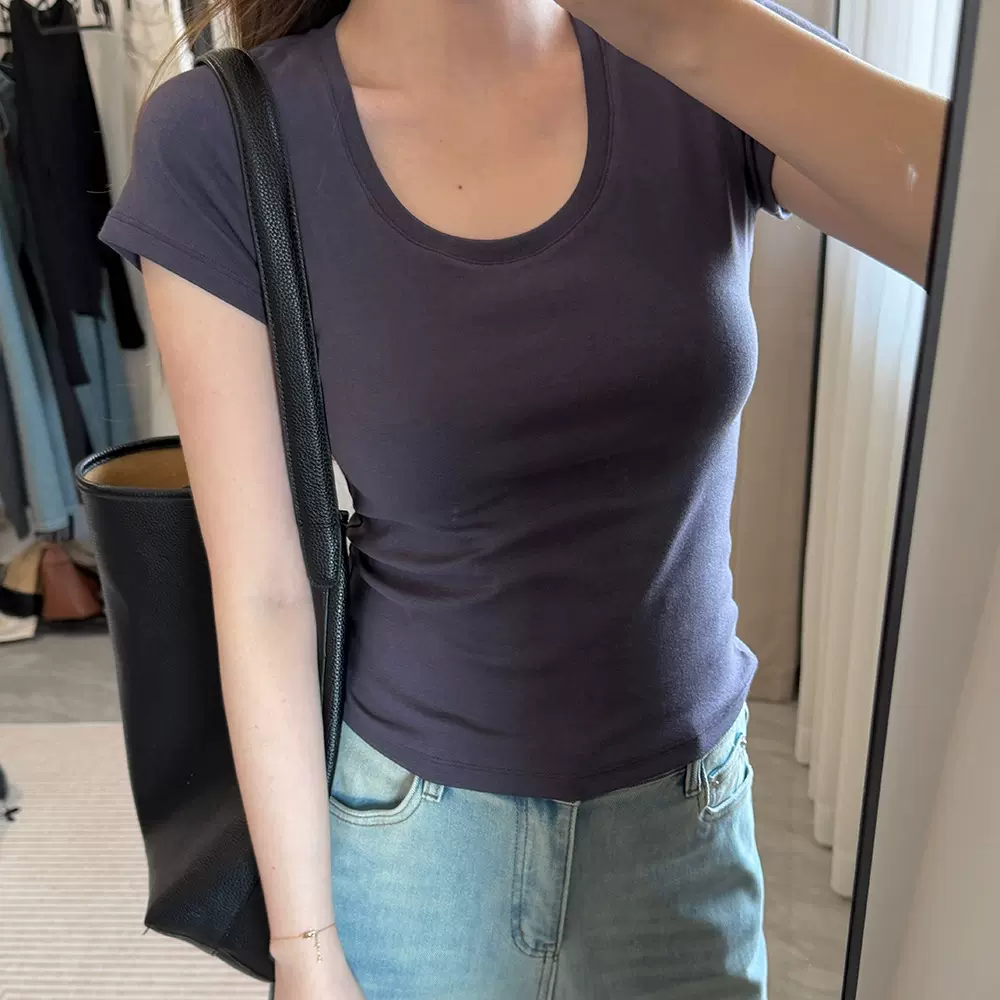 简约百搭基础款U领短袖T恤女夏季新款韩版气质修身显瘦紧身上衣