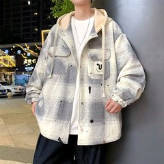 春秋季2025新款格子外套男士宽松连帽休闲夹克青少年学生潮流上衣