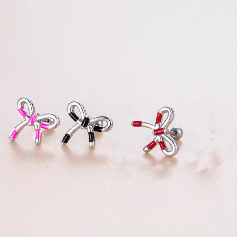 Sweet Cool Personality Titanium Steel Ear Bone Nails Dripping Oil Bow Screw Earrings Unique Niche Design detail image 9