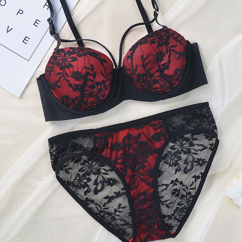 Women's Sexy Lace Bra and Panty Set, Red and Black Floral Push-Up Underwire Lingerie, Thin Style