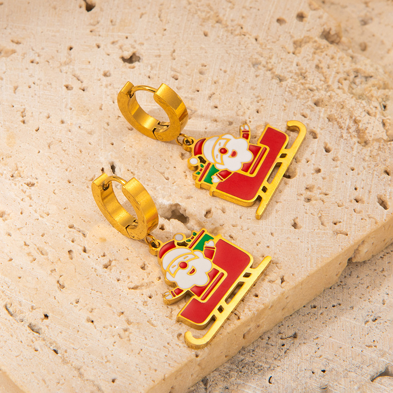 1 Pair Christmas Cute IG Style Christmas Tree Santa Claus Elk Enamel Titanium Steel Drop Earrings display picture 1