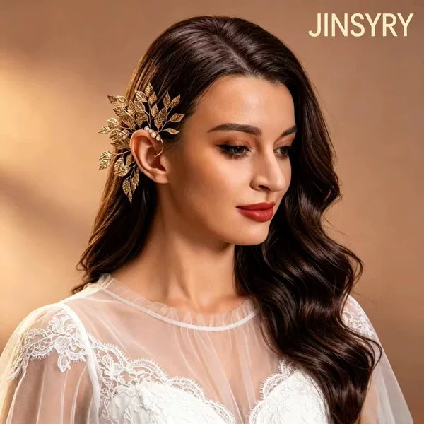 European and American style metal leaf earrings, handmade pearl encircling ear accessories, earrings for wedding and makeup photography