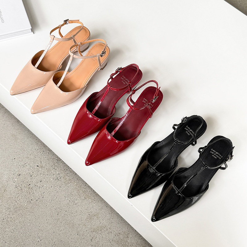 Sandal nữ mũi nhọn da bò sơn mài quai T khóa, gót 4.5 cm, phong cách Hàn Quốc — đen chi tiết 11