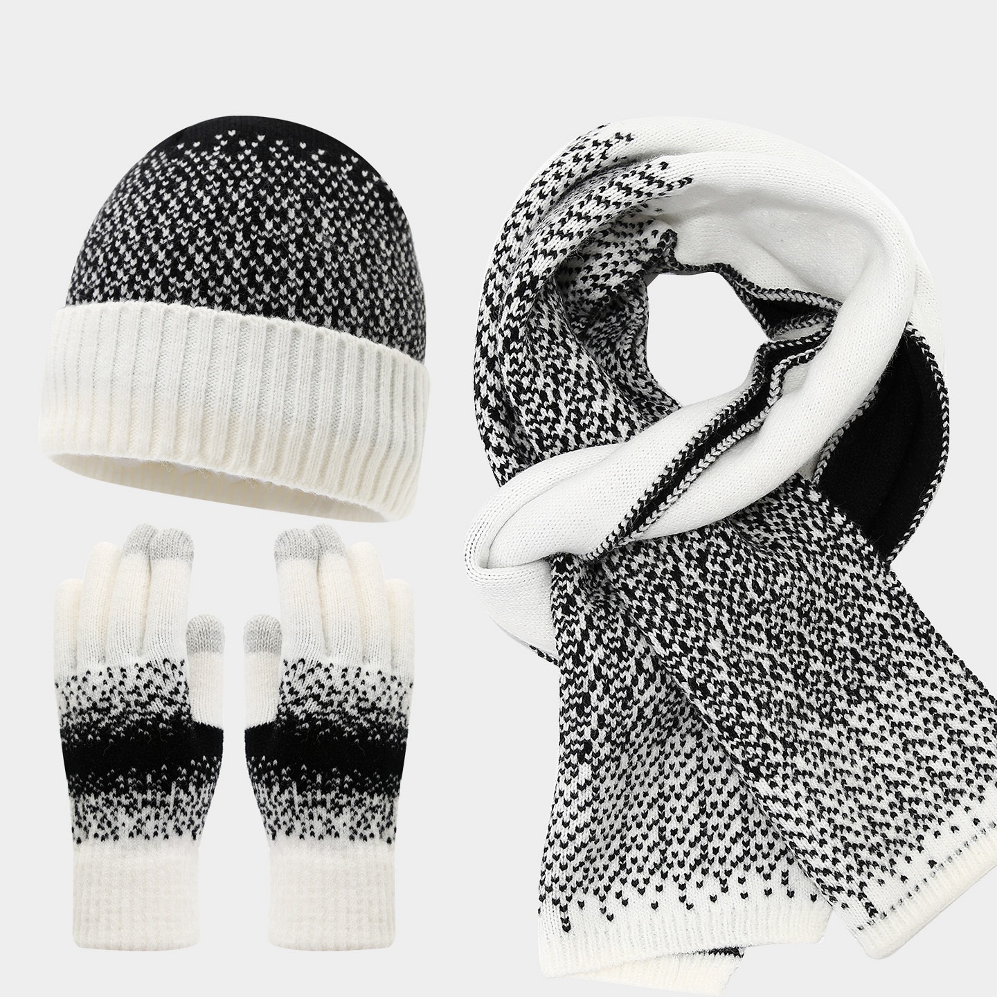 Coreano de color contrastante lana sombrero de punto bufandas guantes de pantalla táctil tres piezas de otoño invierno sombrero de frío para mujeres set de calor