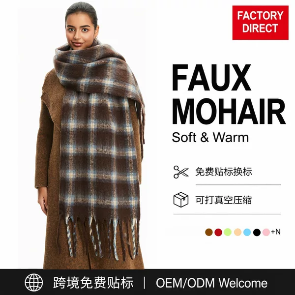 Cross-border autumn and winter warm faux mohair plaid scarf, faux cashmere feel, fringed shawl, foreign trade scarf factory
