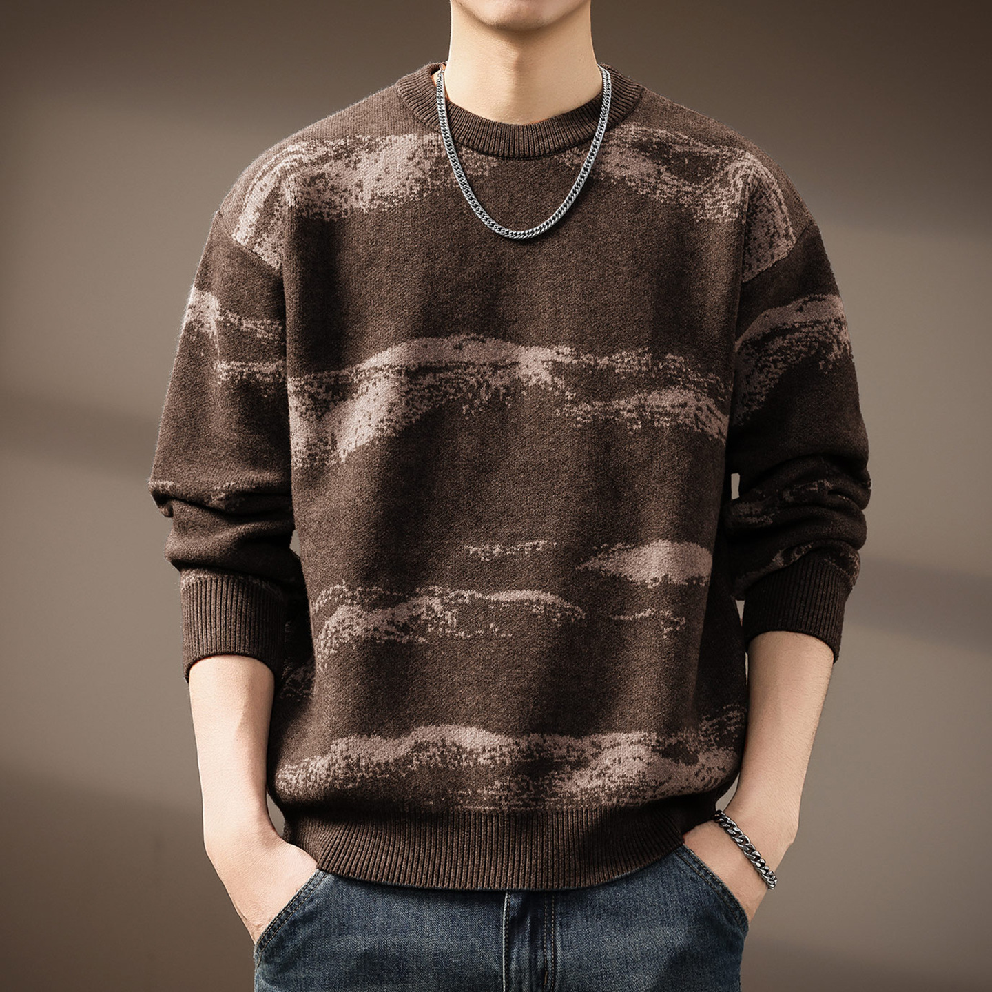 High-End Landscape Texture American-Style Gradient Color-Block Sweater for Men, 2025 Autumn and Winter New Heavy Warm Knit Sweater for Men