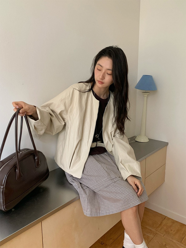 苏奈 风复古简约圆领皮衣外套女秋季潮流宽松夹克上衣fromanna|undefined