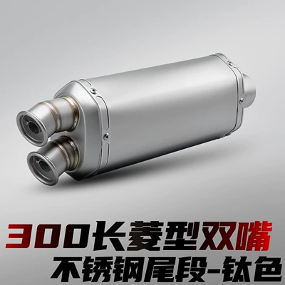 Motorcycle modified exhaust pipe, street/off-road, diamond-shaped dual outlet with silencer, stainless steel tail section, 51mm universal fit (Motorcycle exhaust pipe) - 300mm-long-diamond-shaped-dual-nozzle-stainless-steel-tailpiece-titanium-color
