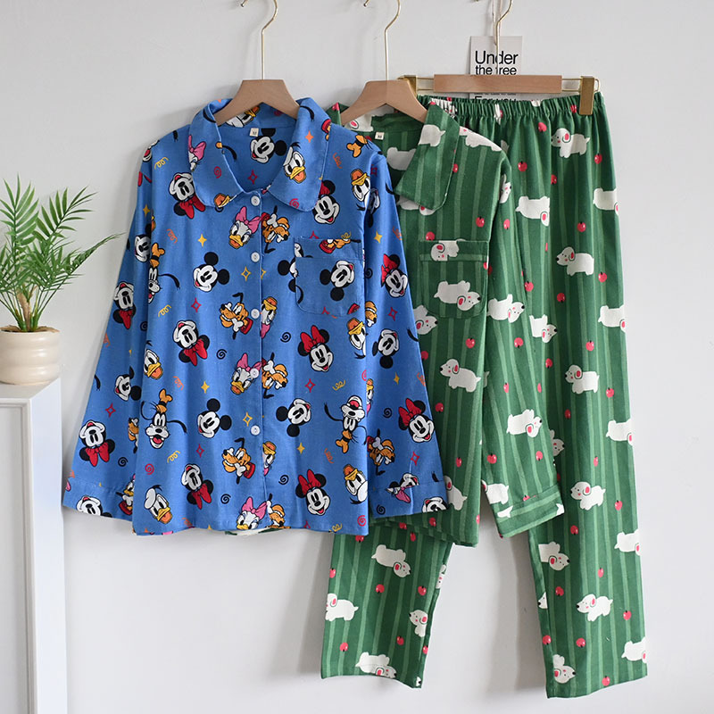 Korean Style Pajamas for Women, Spring, Autumn, and Winter, Thin, All-Cotton, Cartoon Cardigan, Long Sleeves, Long Pants, Lapel, All-Cotton Brushed, Long Loungewear