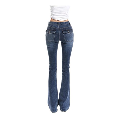 Comes with a plump pad~ Retro deep blue contouring slimming lead slightly slanted pants knee widening versatile stylish trendy jeans