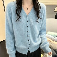 女式V字领100纯羊毛开衫不规则纽扣设计外套秋冬新款针织长袖外搭