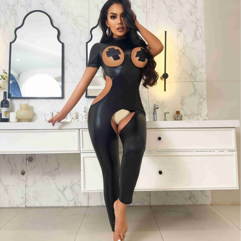 Nightclub Sexy Lingerie, Tight-Fitting Hollow-Out One-Piece Leather Outfit, Patent Leather Shapewear, Queen Outfit Nightclub Sexy Lingerie, Tight-Fitting Hollow-Out One-Piece Leather Outfit, Patent Leather Shapewear, Queen Outfit