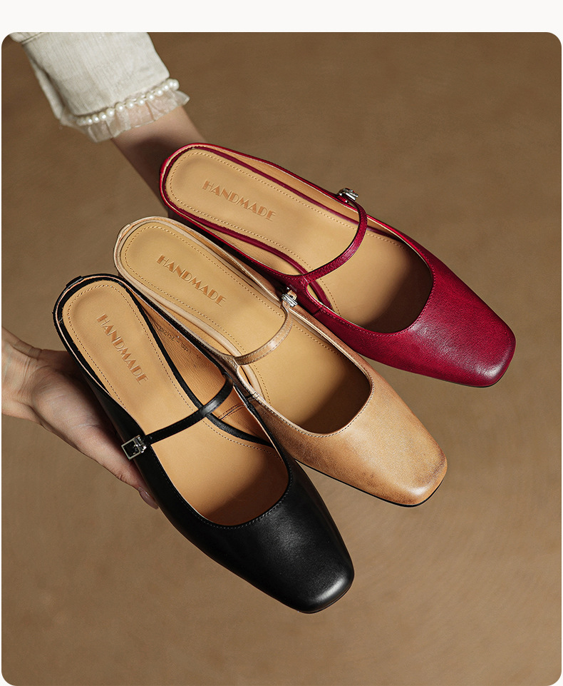 Sandal nữ quai ngang mũi vuông gót 4.5 cm da bò bít mũi hở gót — đen chi tiết 4
