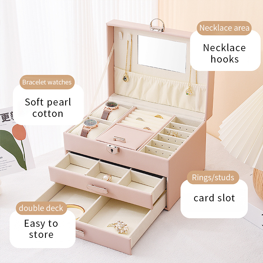 跨境多功能首饰箱大容量高档首饰箱子三层珠宝戒指吊坠项链收纳箱