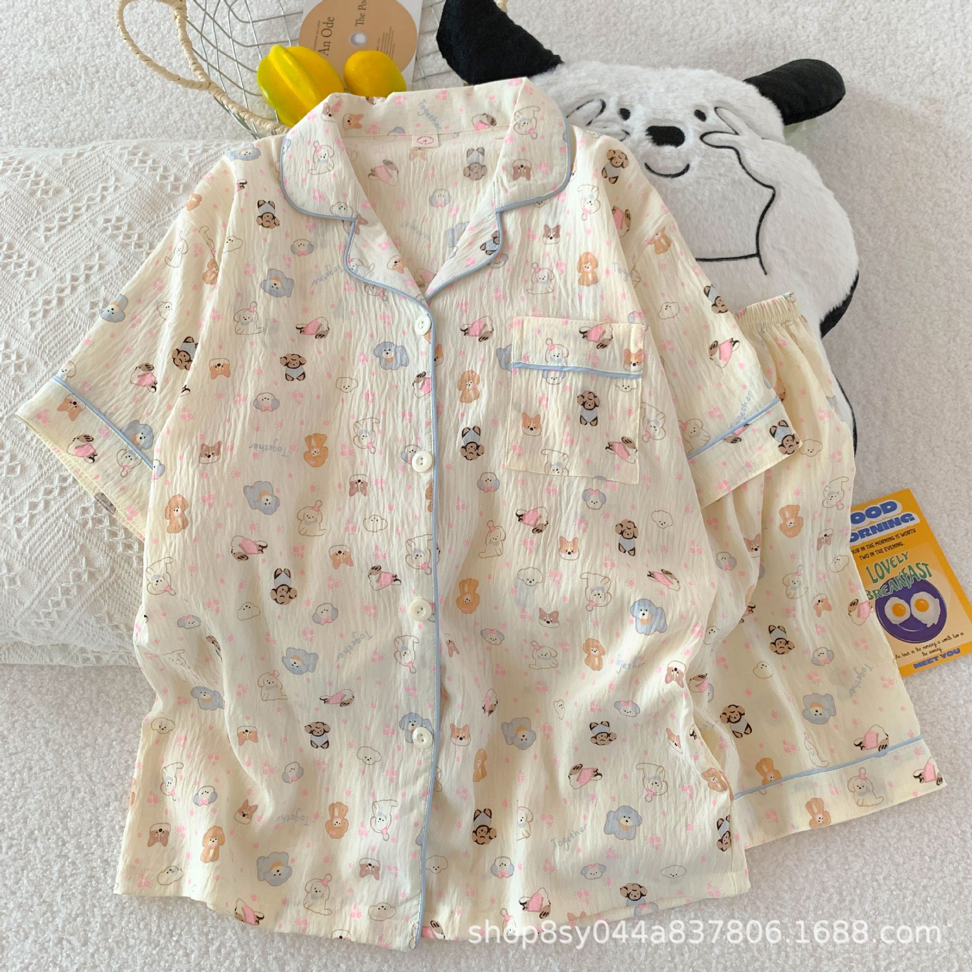 Japanese Cute Cartoon Puppy Pajamas Women's Short-Sleeved Summer Thin Two-Piece Set Cloud Cotton Student Girl Korean Version