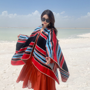 Ethnic Style Striped Shawl, Warm and Comfortable, Large Cape, Breathable Scarf, Color Matching Outdoor Travel Photo Cape