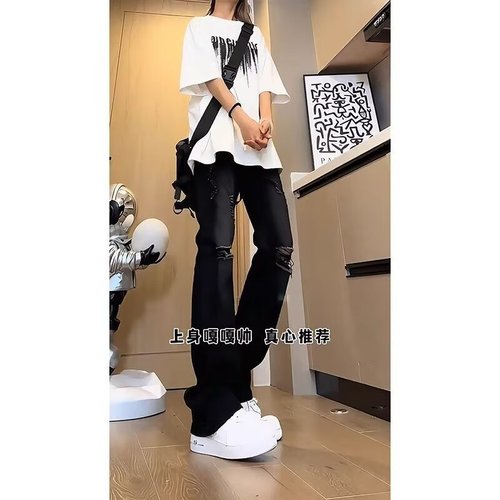 American-style street-washed distressed ripped jeans for men, suitable for spring and autumn, straight-leg, loose, European and American high street vibe, long pants