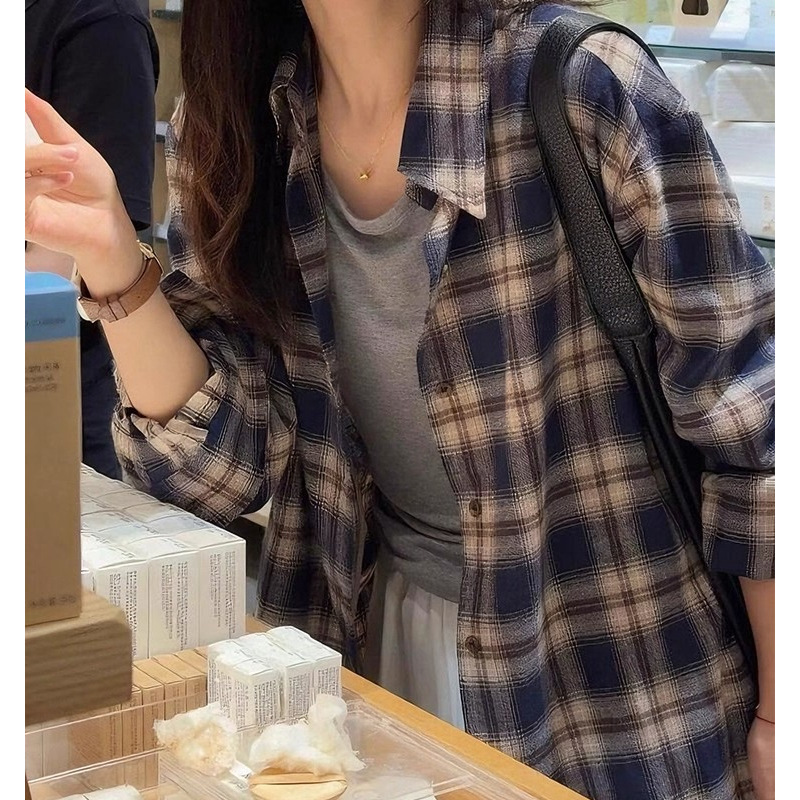 Missmar Korean Navy Blue Brushed Plaid Shirt Women's Autum Lazy Loose Casual Long-Sleeved Shirt Jacket