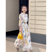 高级感冷淡名媛风连衣裙女秋端庄收腰显瘦印花奢华大牌衬衫长裙子