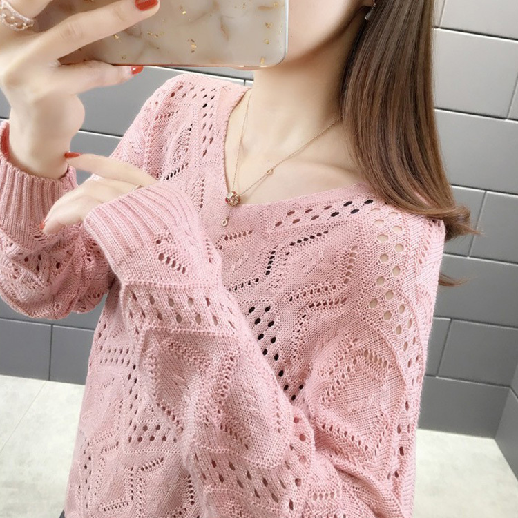 Hollow sweater for women 2023 Spring and Autumn new pullover v-neck top loose outer wear short sweater bottoming shirt fashion
