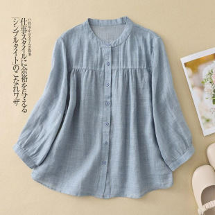 Ethnic Style Artistic Retro Cotton and Linen Seven-sleeve Shirt Women's Spring and Summer Loose Slimming Casual Cotton and Linen Cardigan Top