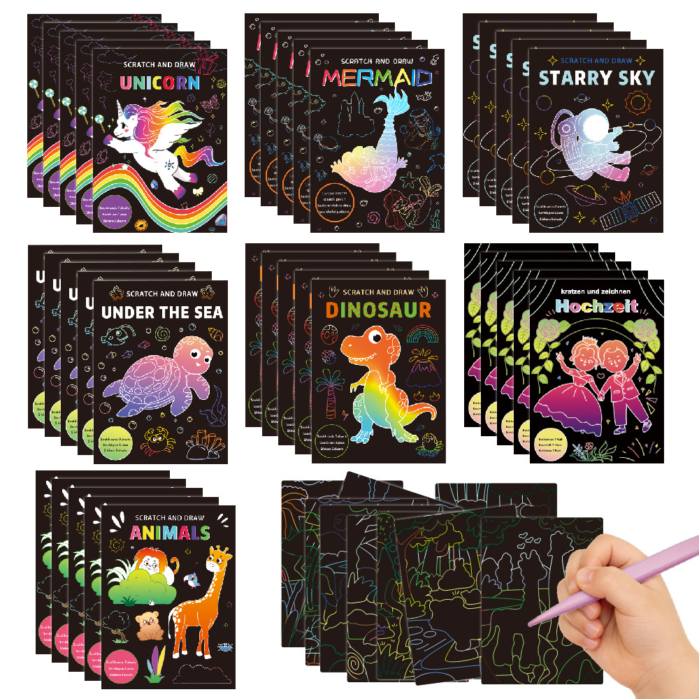 Cross-Border Scratch Art Set DIY Creative Cartoon Unicorn Coloring Colorful Graffiti Fun Children's Scratch Art