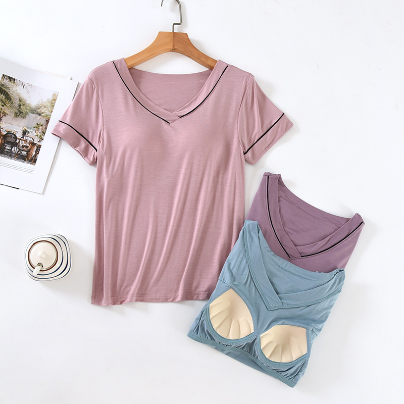 V-neck Short-sleeved Pajamas with Chest Pad Home Clothes Top Women's Single-piece T-shirt Bra Cup One-piece Base Shirt plus size