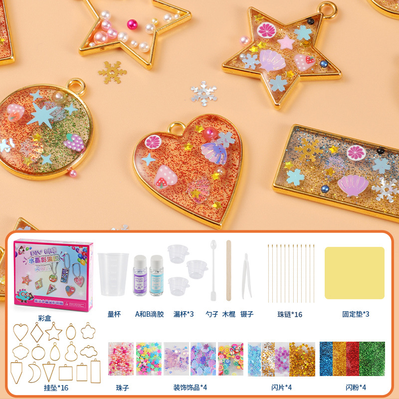 Accesorios de epoxi de cristal de bricolaje hechos a mano para niños, paquete de material, pintura de pegamento sin hornear, mochila, accesorios colgantes, juguetes de juego