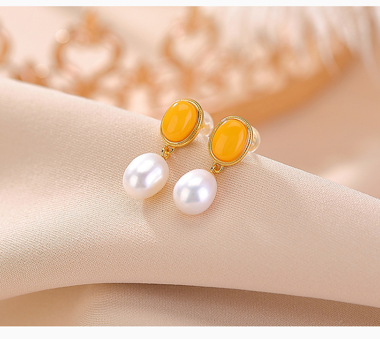 Bông tai bạc S925 mạ vàng đính ngọc trai nước ngọt và đá jasper sáp ong mặt trứng phong cách retro — Mô hình sáp ong chi tiết 4