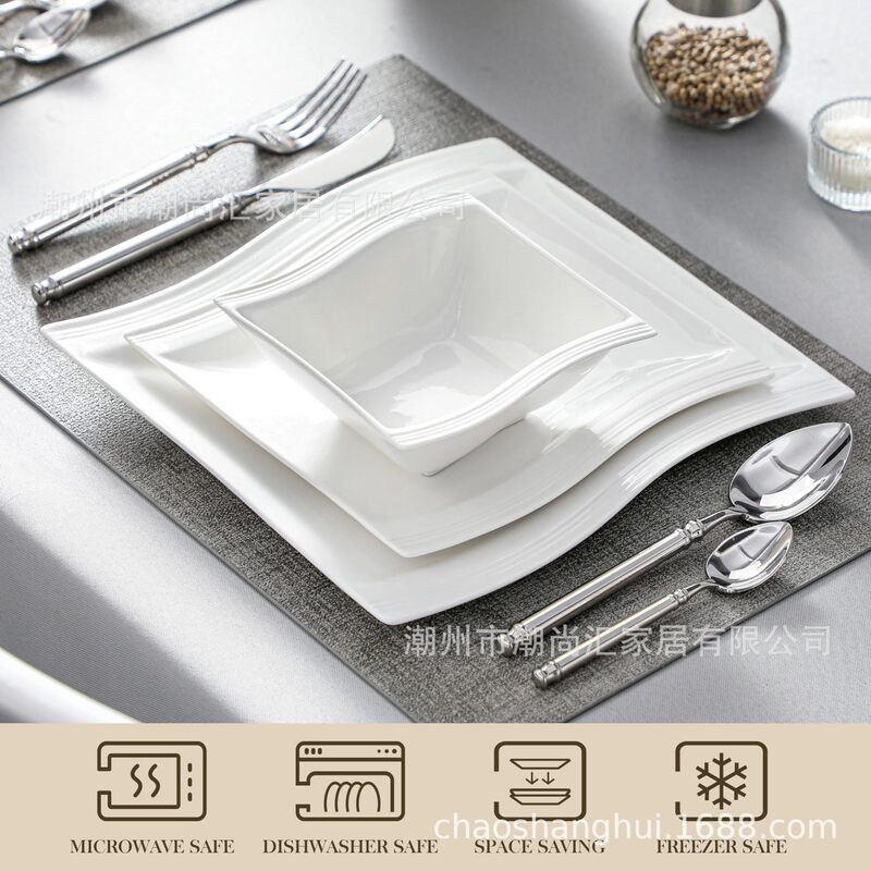 A small amount of order production of high temperature ceramic plate European and American evening tableware 16PCS suit steak plate relief square western food plate bowl