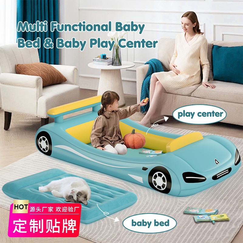 Customized Inflatable Toddler Travel Bed with Safety Bumper Foldable Blue Shape Kidsren's Car Mattress