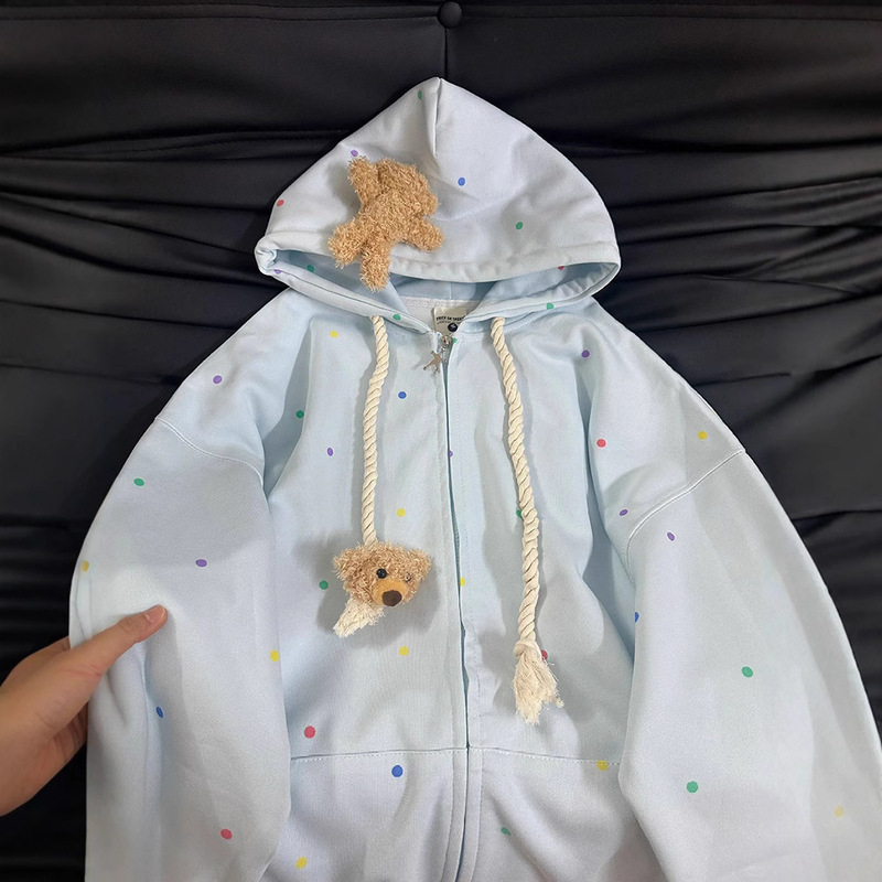 Cute Bear Embroidered Polka Dot Hooded Cardigan Sweatshirt for Women in Autumn and Winter Oversize Loose Lazy Zipper Jacket