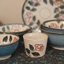 美浓烧玫瑰冲绳花青海波陶瓷餐具面碗汤杯饭碗大圆盘菜盘