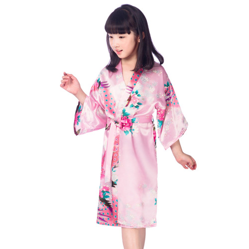 Cross-border girl floral peacock and peony long sleepwear bathrobe summer thin imitation silk children home open sweater robe
