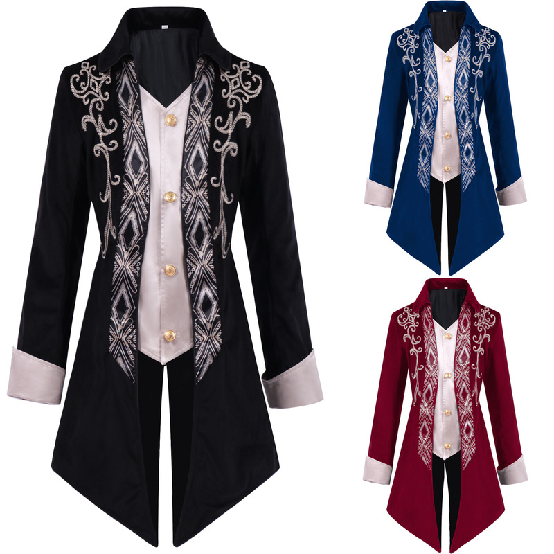 British Court Velvet Tuxedo Fake Two-Piece Contrasting Color Stitching Suit Men's Mid-Length Embroidered Coat King's Dress