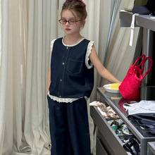 女童春夏套装2025新款儿童洋气蕾丝马甲牛仔裤女孩韩版夏装两件套