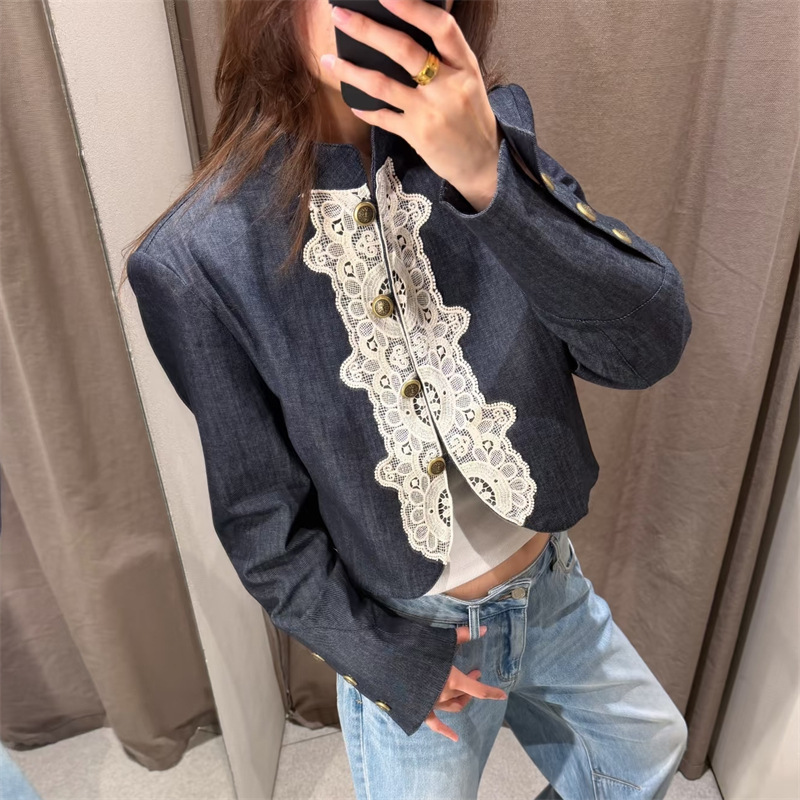 Wholesale Women's Fashion 2026: Stylish Stand Collar Shoulder Pad Lace Patchwork Napoleon Jacket Short Coat 7932576 Wholesale Women's Fashion 2026: Stylish Stand Collar Shoulder Pad Lace Patchwork Napoleon Jacket Short Coat 7932576