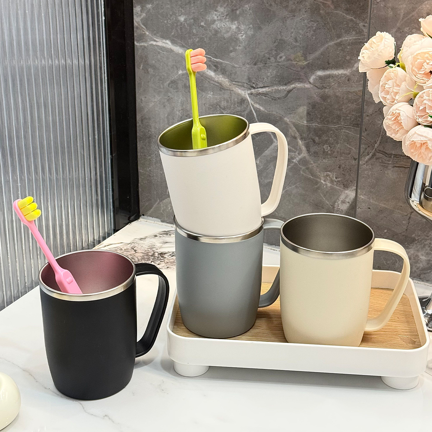 Luxury Stainless Steel Toothbrush Holder And Mouthwash Cup Set_voghion.com