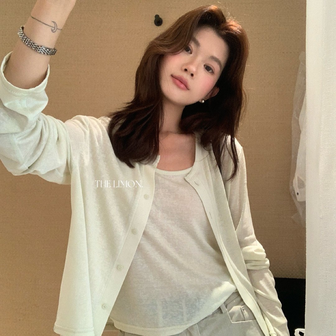 Bộ cardigan len mỏng kèm áo hai dây hai mảnh nữ mùa hè — Xám cacbon, xanh lam, màu hồng, Đậu xanh